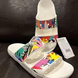 CROCS White Slide Sandals with Multicolor Abstract Straps